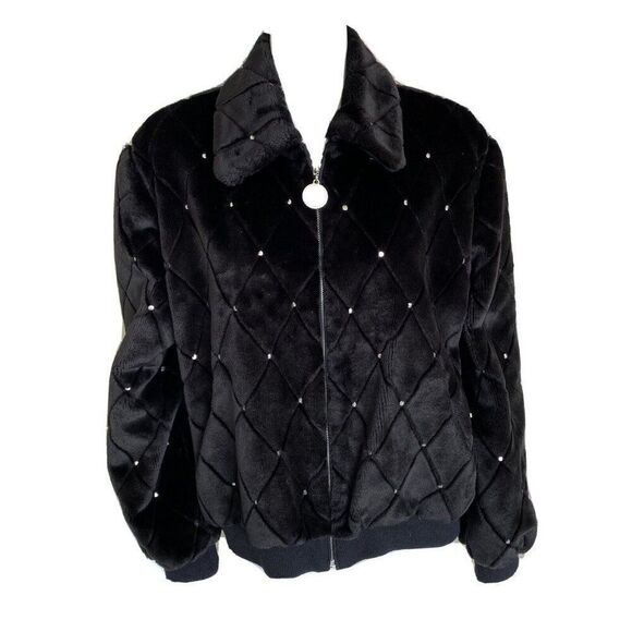 St. John Collection Black Faux Fur Quilted Convertible Jacket Vest Size Large